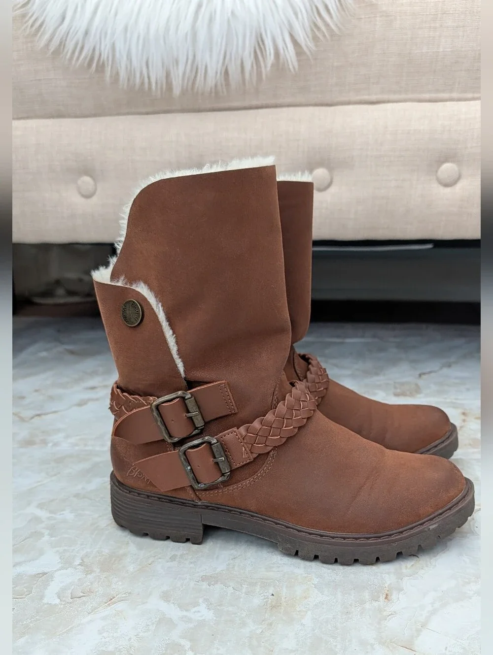 Blowfish Brown Shearling-Lined Mid-Calf Zip Up Boots Sz 7.5